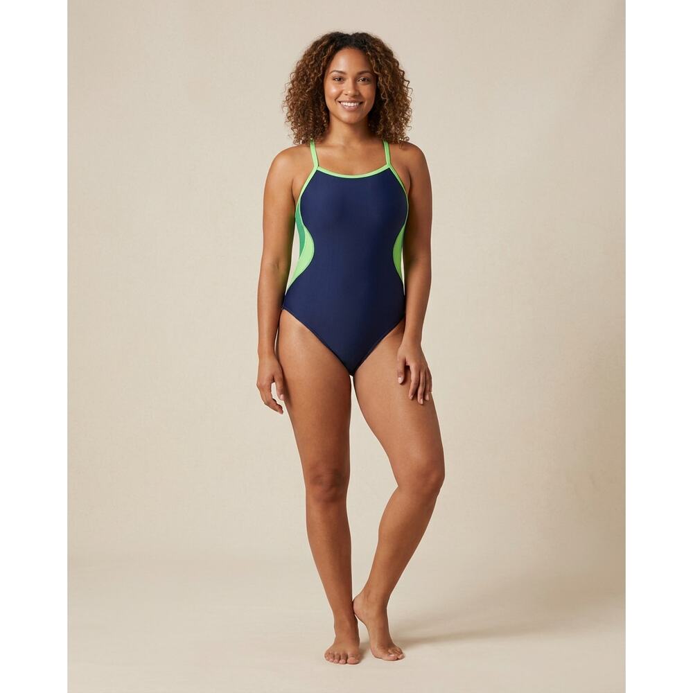 Speedo Women’s ProLT Solid Flyback One Piece Navy Green Swimsuit Size 22